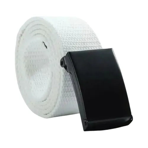 Ceinture tactique en nylon blanc 120 cm, boucle noire sans métal et fermeture rapide, accessoire robuste pour camping, randonnée et survie.