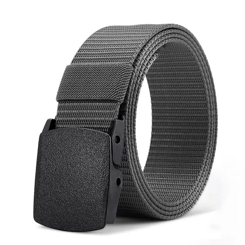 Ceinture tactique grise en nylon avec boucle robuste pour randonnée et survie.