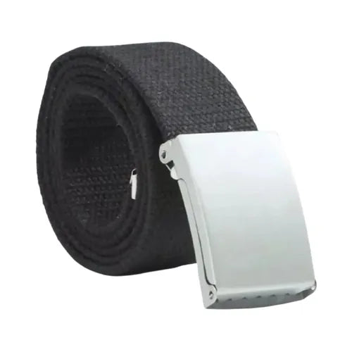 Ceinture tactique en nylon noir 120 cm avec boucle rapide argentée, robuste et sans métal, idéale pour camping, randonnée et survie.