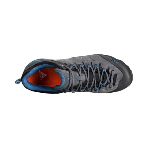 Chaussure de randonnée Humtto gris et bleu vue de dessus, laçage robuste et col rembourré pour un maintien confortable lors de longues marches.