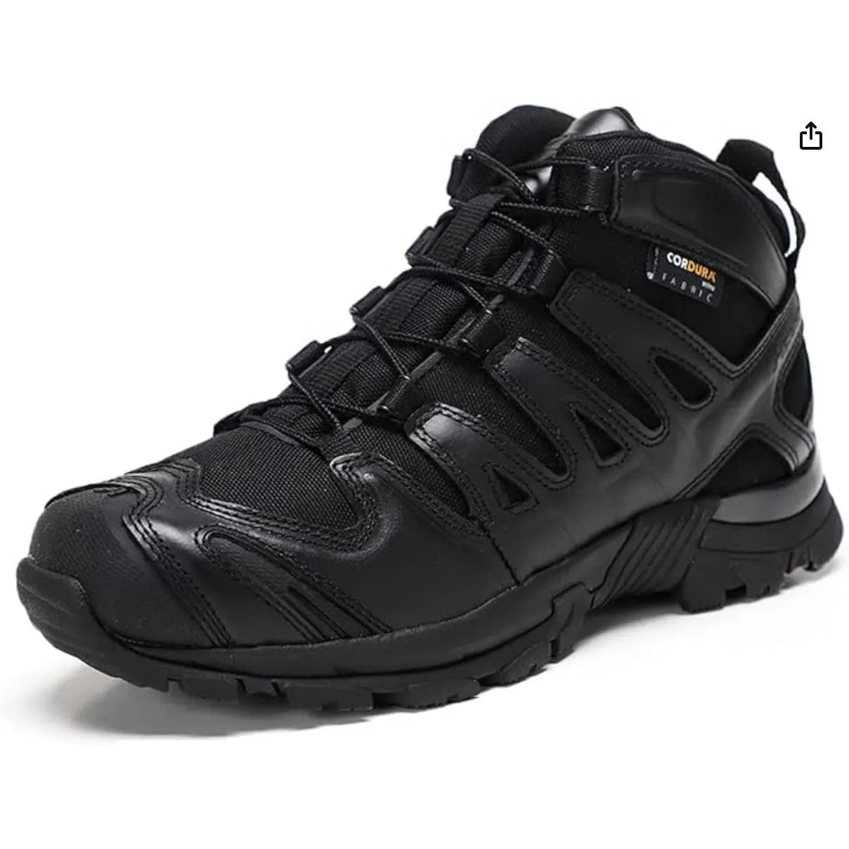 Chaussure de randonnée tactique noire avec empiècements Cordura robuste.