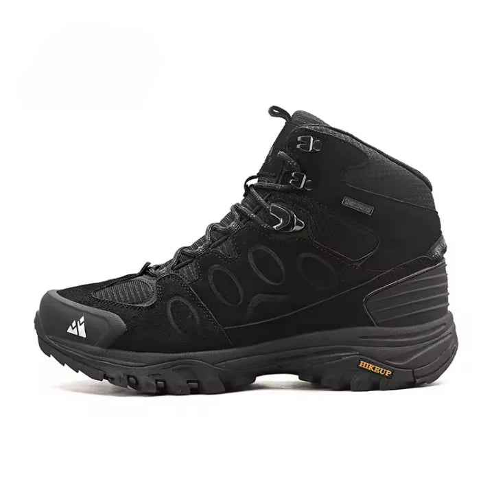 Chaussures de randonnée montantes imperméables noires Hikeup pour terrain accidenté.
