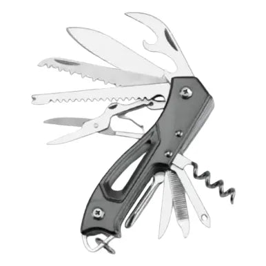 Couteau multifonction outdoor compact et robuste, 11 outils en 1 (lame, scie, ciseaux, ouvre-bouteille, tire-bouchon…), idéal pour la randonnée, le camping et le bivouac.