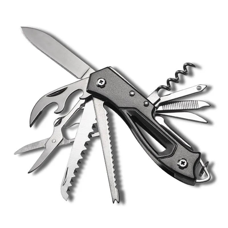 couteau pliable noir de randonnée multifonction avec accessoires intégrés