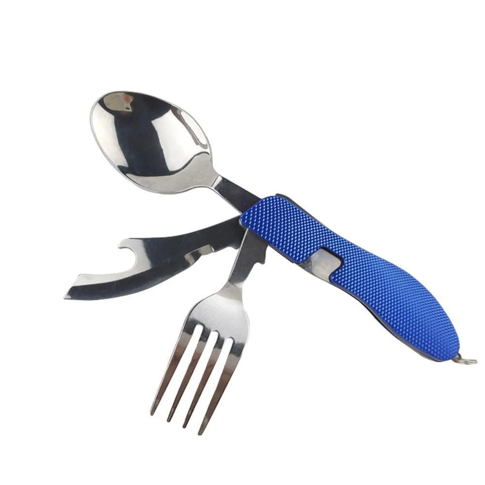 Couverts multifonction pliables pour camping coloris bleu.