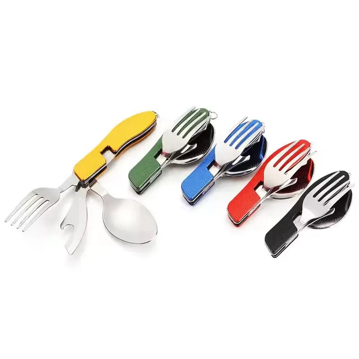 Kit de couverts pliables 4-en-1 pour randonnée, inox, manche jaune.
