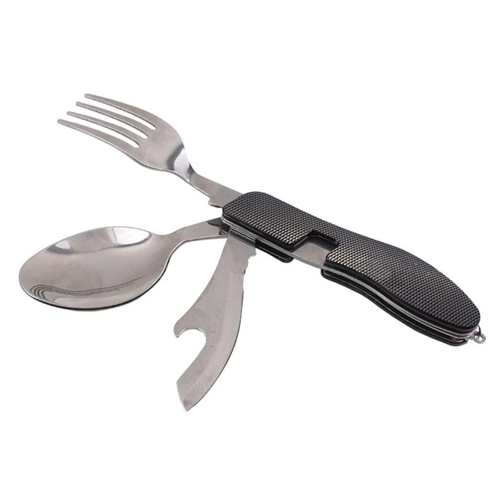 Couverts multifonction pliables pour camping coloris noir.