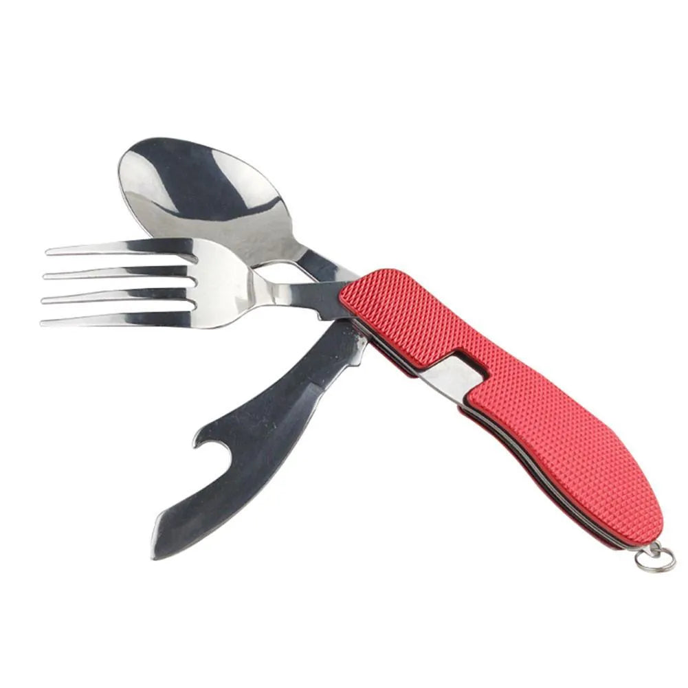 Couverts multifonction pliables pour camping coloris rouge.
