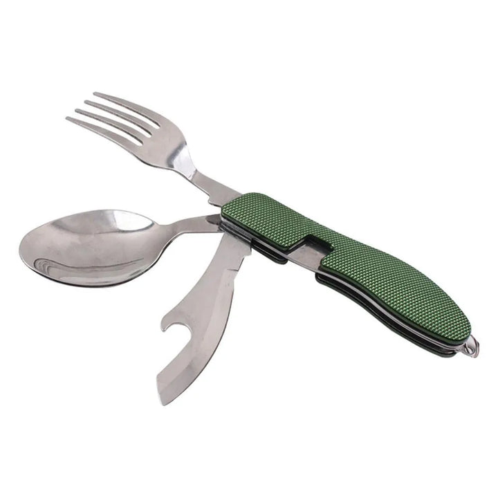 Couverts multifonction pliables pour camping coloris vert.