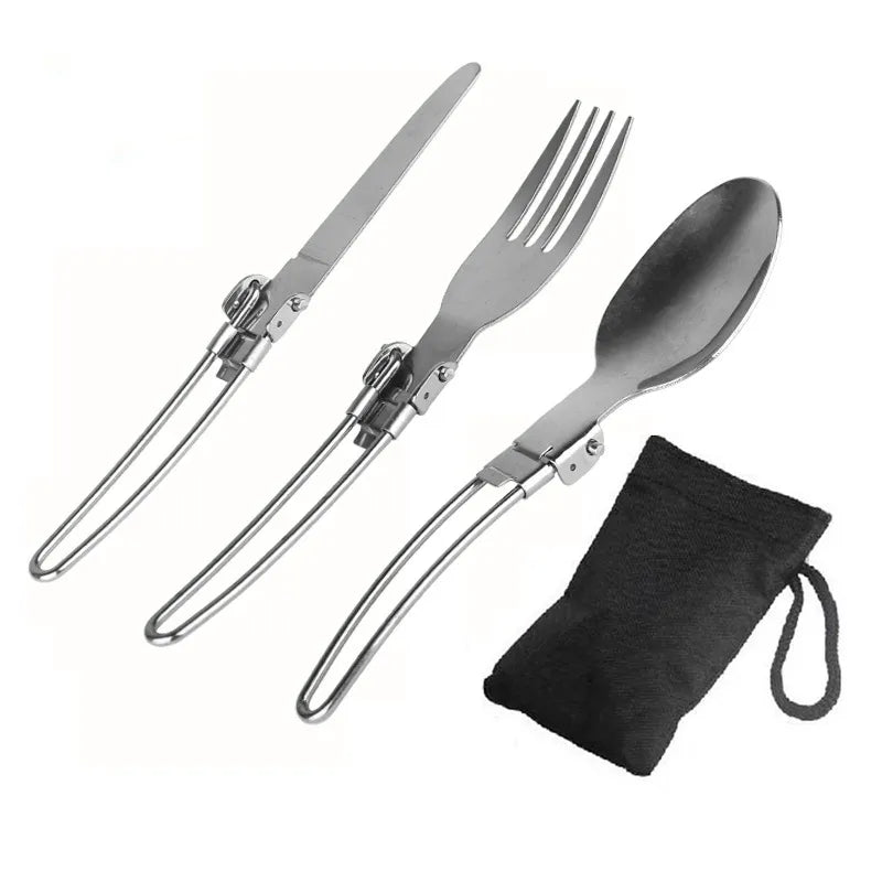kit de couverts pliables de camping en acier inoxydable avec pochette de transport