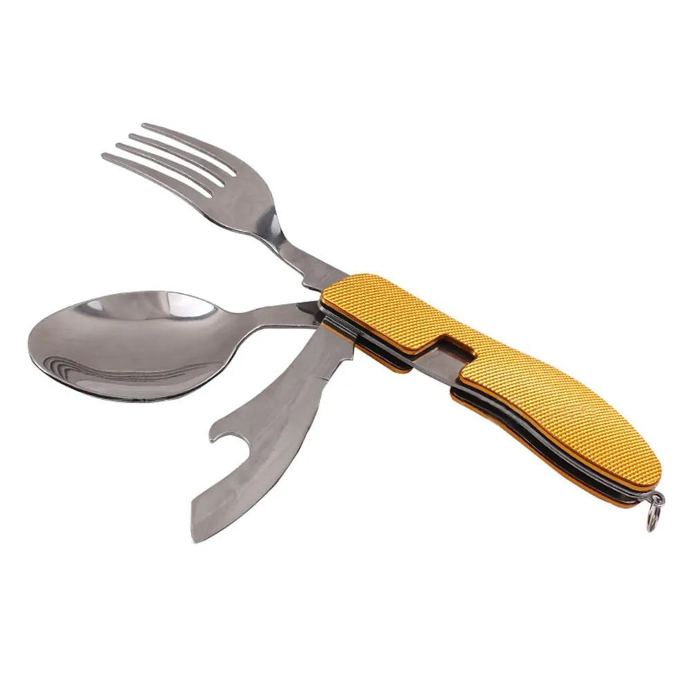 Couverts multifonctions pliables pour camping, poignée jaune, en acier inoxydable.