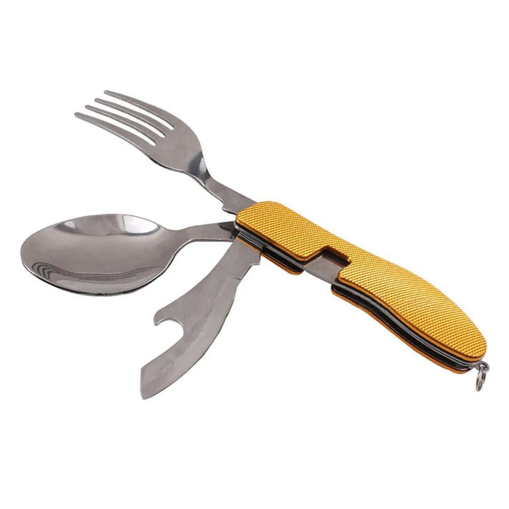 Couverts multifonctions pliables pour camping, poignée jaune, en acier inoxydable.