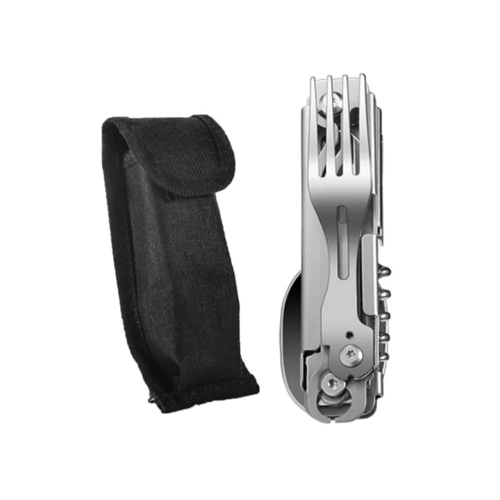 Couverts en inox pliants et compacts, parfaits pour la randonnée, le bushcraft et les repas en pleine nature.