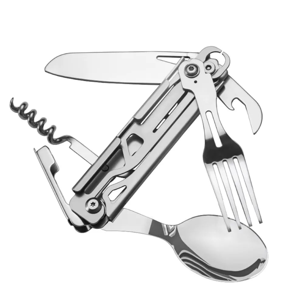 Couverts pliants multifonction en acier inoxydable pour camping et bivouac, avec couteau, fourchette, cuillère et tire-bouchon intégrés.