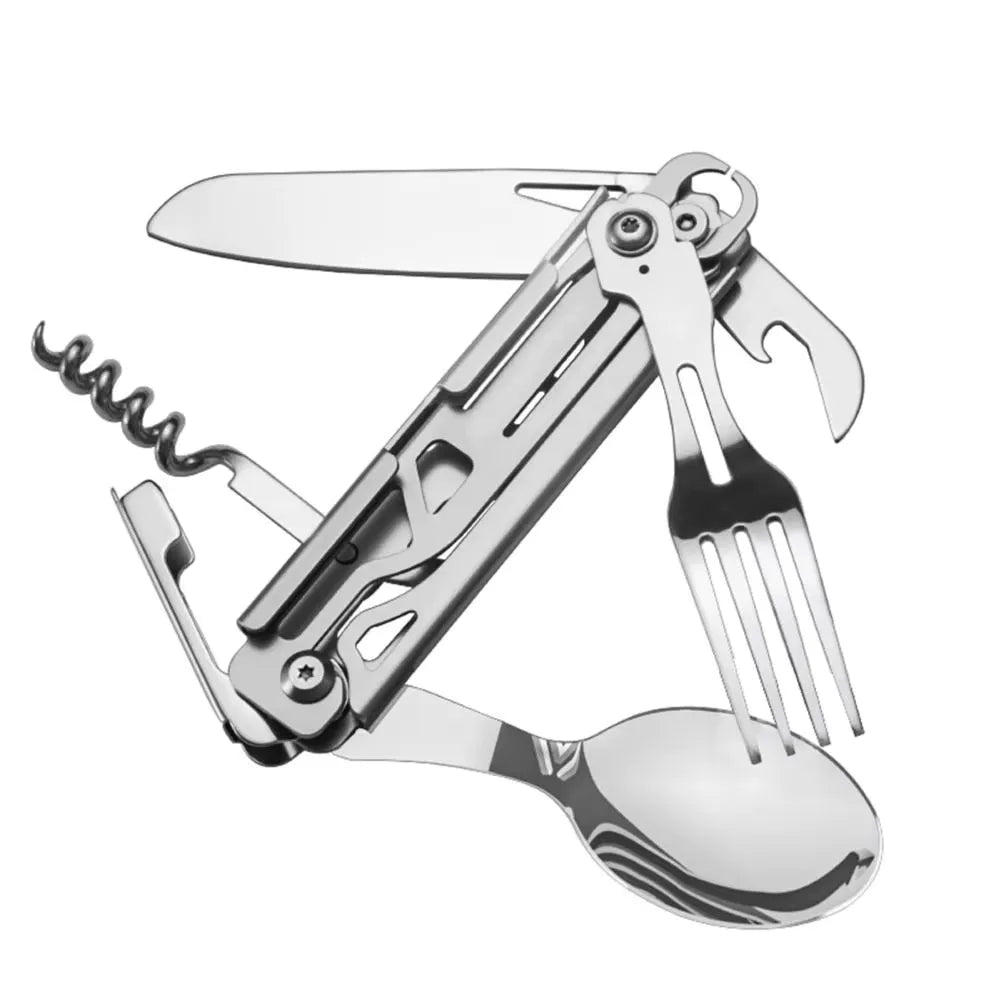 Couverts pliants multifonction en acier inoxydable pour camping et bivouac, avec couteau, fourchette, cuillère et tire-bouchon intégrés.