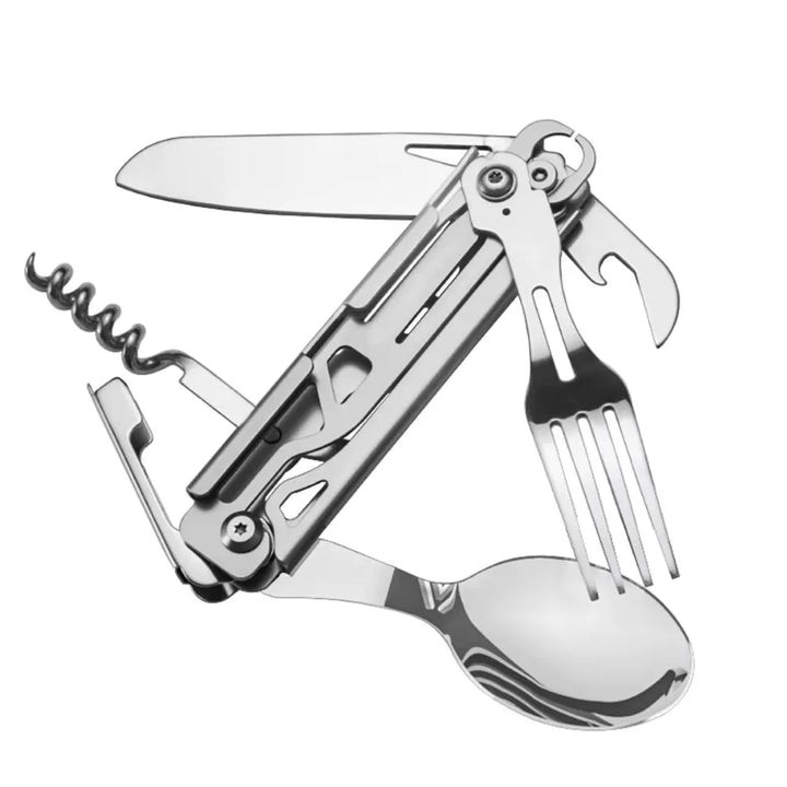 Couverts pliants multifonction en acier inoxydable pour camping et bivouac, avec couteau, fourchette, cuillère et tire-bouchon intégrés.