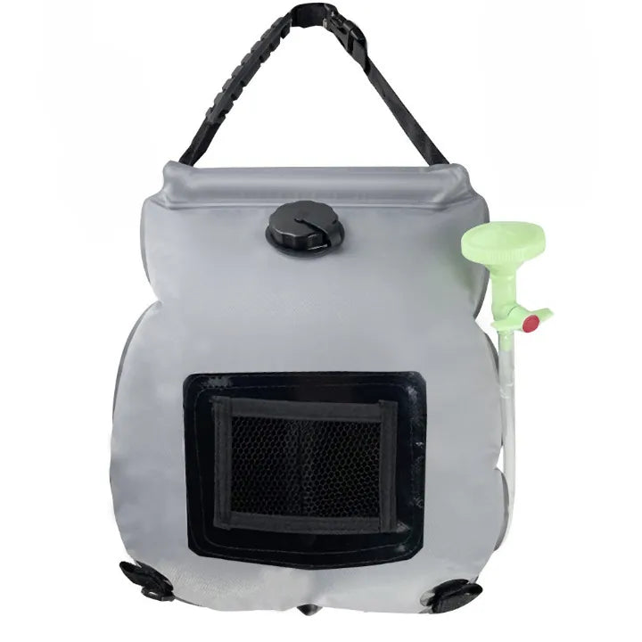 Douche de camping grise pliable avec pommeau intégré.