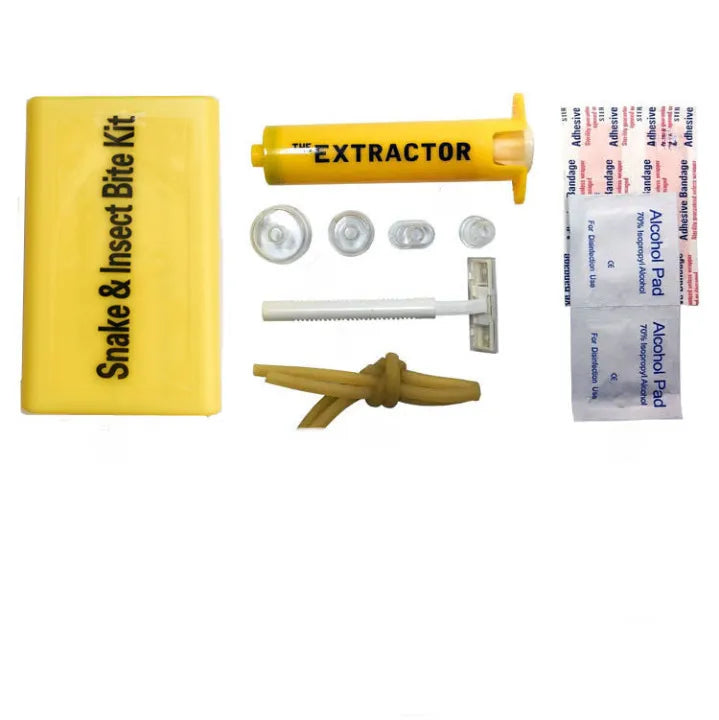 Contenu du kit d’extraction de venin : seringue, ventouses, garrot, rasoir et tampons alcoolisés.
