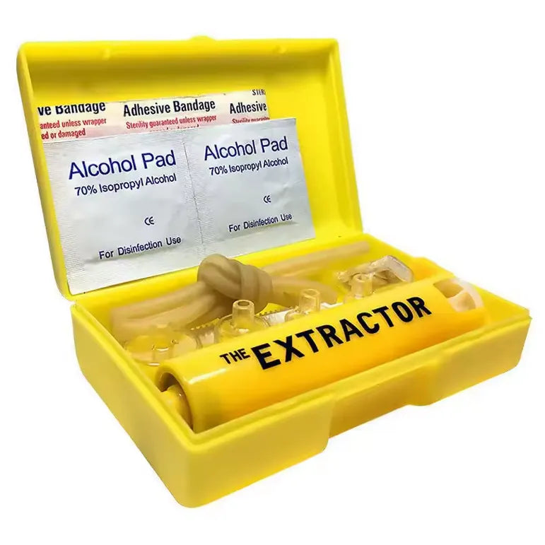  Kit extracteur de venin portable pour morsures et piqûres, avec pompe d’aspiration, pansements et tampons alcoolisés, idéal pour la randonnée, le camping et les situations de survie.