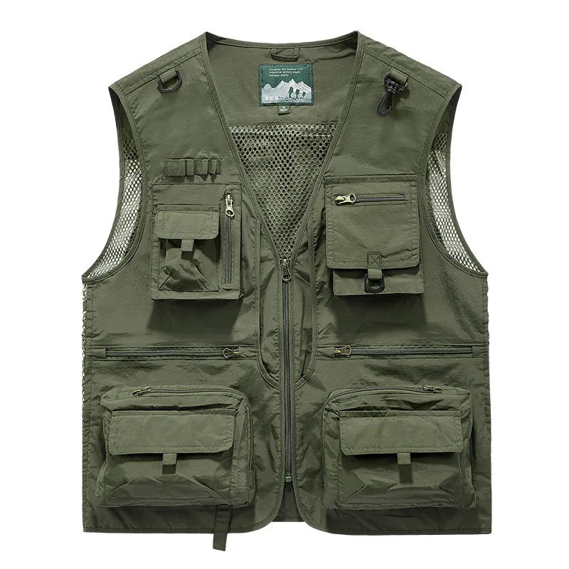 Gilet de randonnée kaki avec multiples poches et dos filet respirant pour outdoor