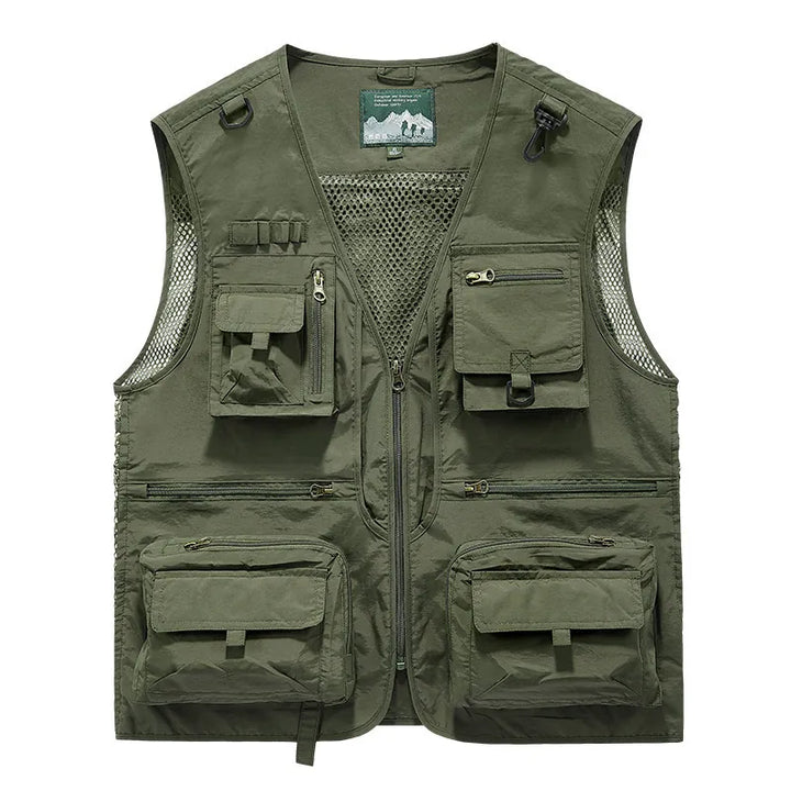 Gilet de randonnée kaki avec multiples poches et dos filet respirant pour outdoor