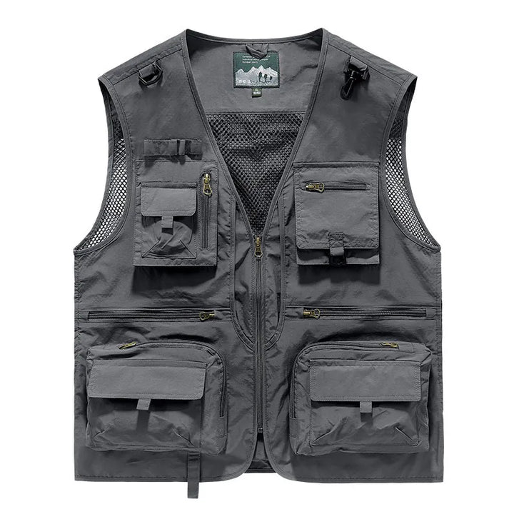 Gilet de randonnée gris fonctionnel avec grandes poches pour accessoires de trek