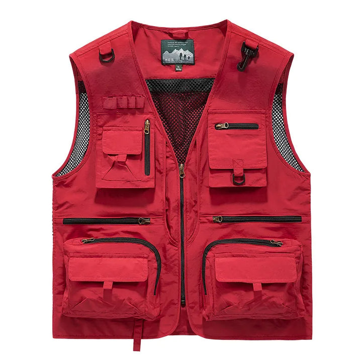  Gilet de randonnée rouge avec multiples poches zippées pour équipement outdoor