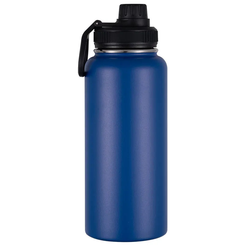 Gourde isotherme en inox bleu pour randonnée.