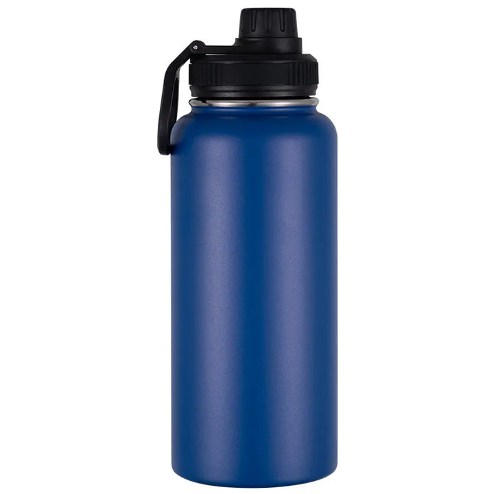 Gourde isotherme en inox bleu pour randonnée.