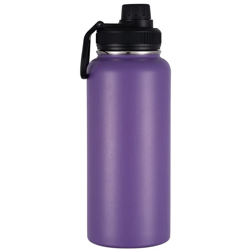 Gourde isotherme en inox violet pour randonnée.