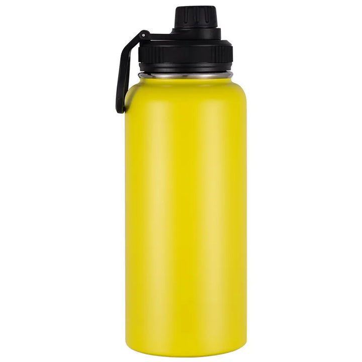 Gourde isotherme en inox jaune pour camping et randonnée.
