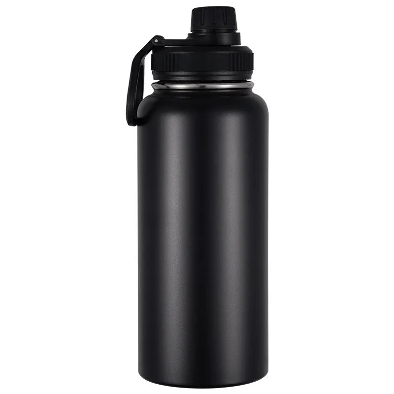 Gourde isotherme en inox noire pour camping et randonnée.