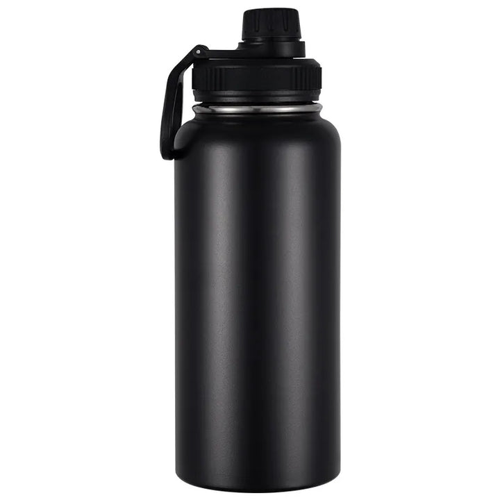 Gourde isotherme en inox noire pour camping et randonnée.