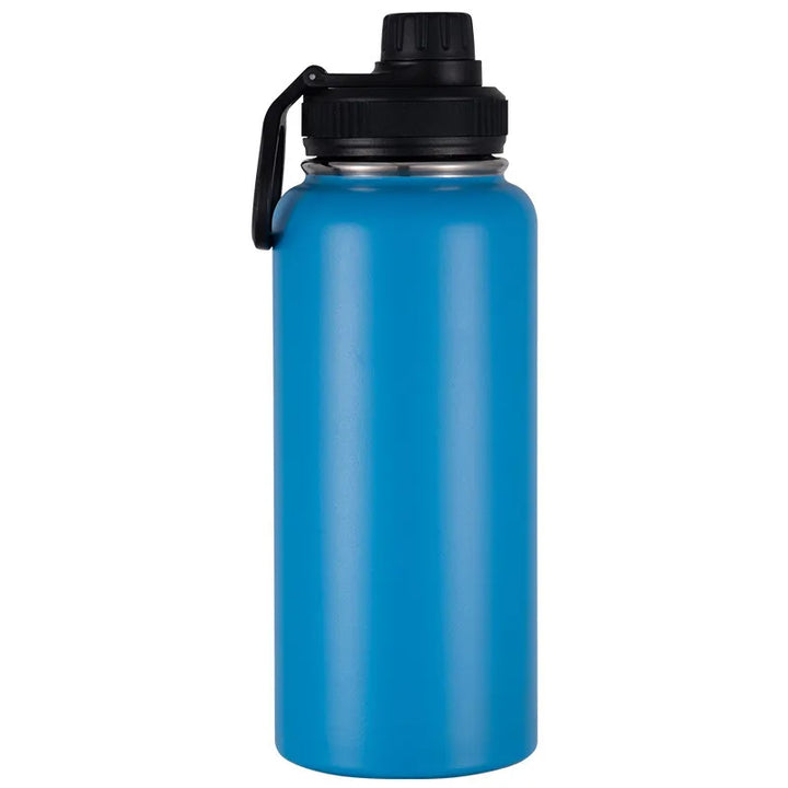 Gourde isotherme en acier inoxydable bleu vif pour randonnée.