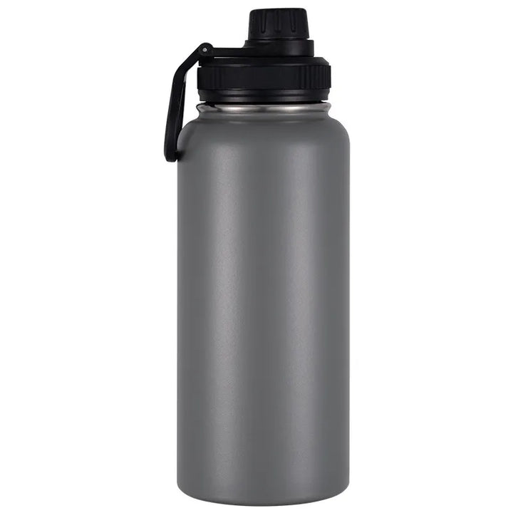 Gourde isotherme en acier inoxydable gris pour randonnée.
