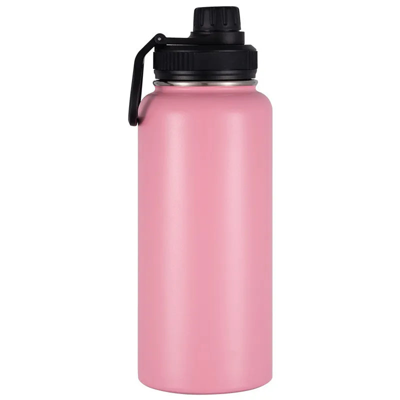 Gourde isotherme en acier inoxydable rose pour randonnée.