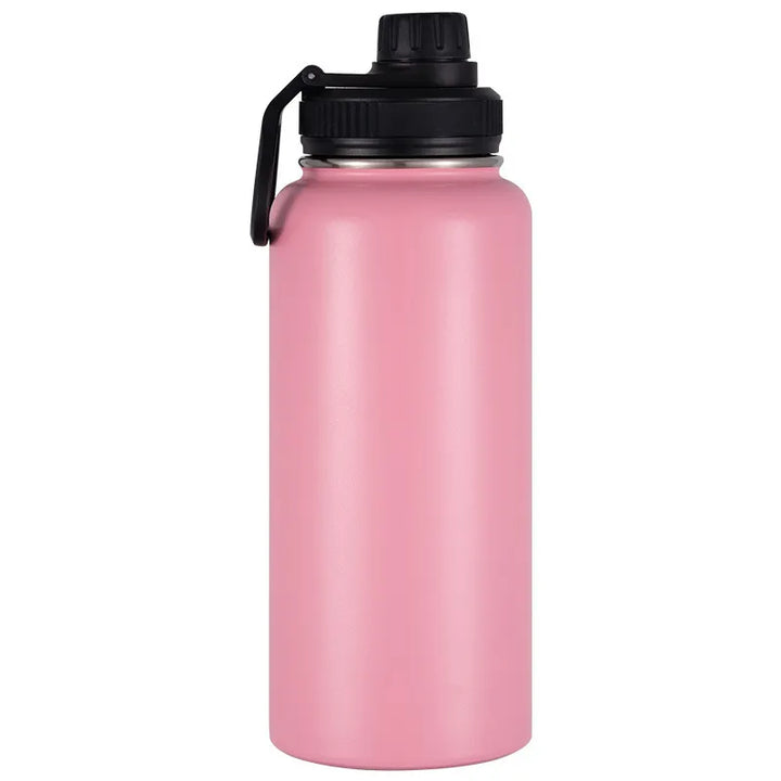 Gourde isotherme en acier inoxydable rose pour randonnée.