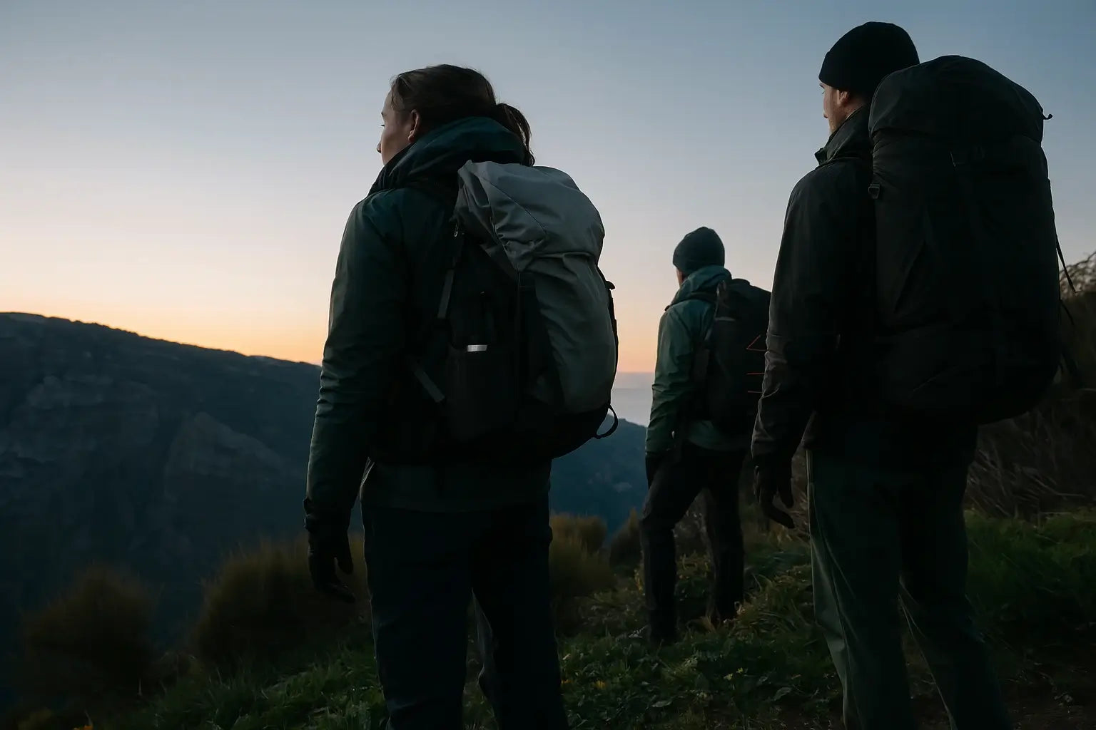 Trois randonneurs équipés de sacs à dos techniques contemplent l’horizon au lever du soleil depuis un sommet escarpé, dans un paysage de montagne sauvage.