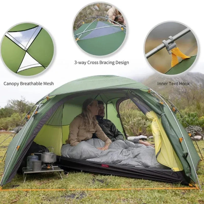 2-person dome tent for lightweight hiking, green, double roof