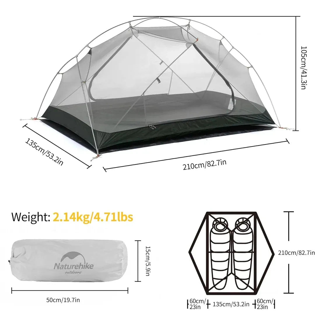 Tente 2 places légère double paroi 20D PU4000 avec 2 vestibules