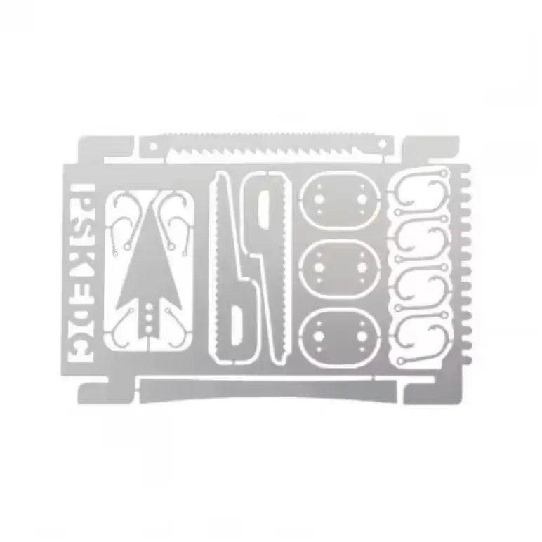 Carte en inox avec outils de pêche pour la survie et le bushcraft.