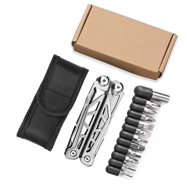  Kit d’outils multifonctions pour camping comprenant une pince pliante en acier inoxydable, un ensemble d’embouts de tournevis, un étui de transport en nylon et une boîte de rangement.