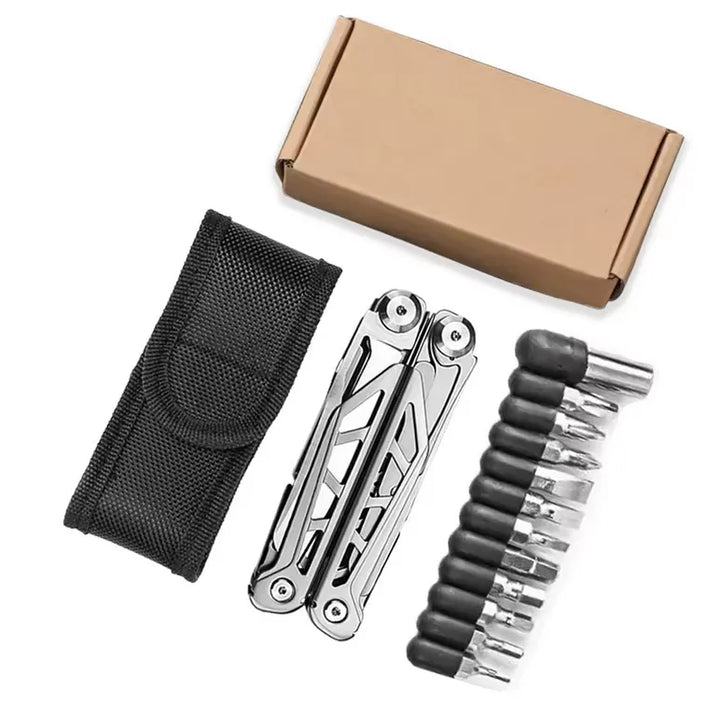  Kit d’outils multifonctions pour camping comprenant une pince pliante en acier inoxydable, un ensemble d’embouts de tournevis, un étui de transport en nylon et une boîte de rangement.