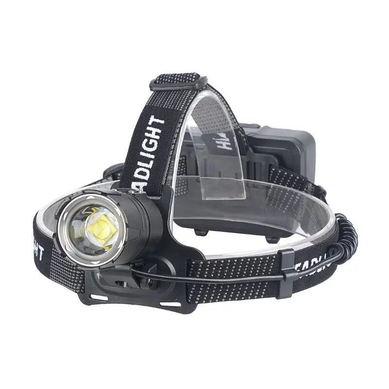 Lampe frontale avec bandeau ajustable, lentille zoom et boîtier arrière.
