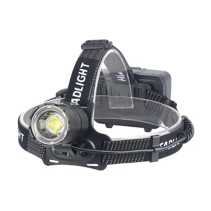 Lampe frontale avec bandeau ajustable, lentille zoom et boîtier arrière.
