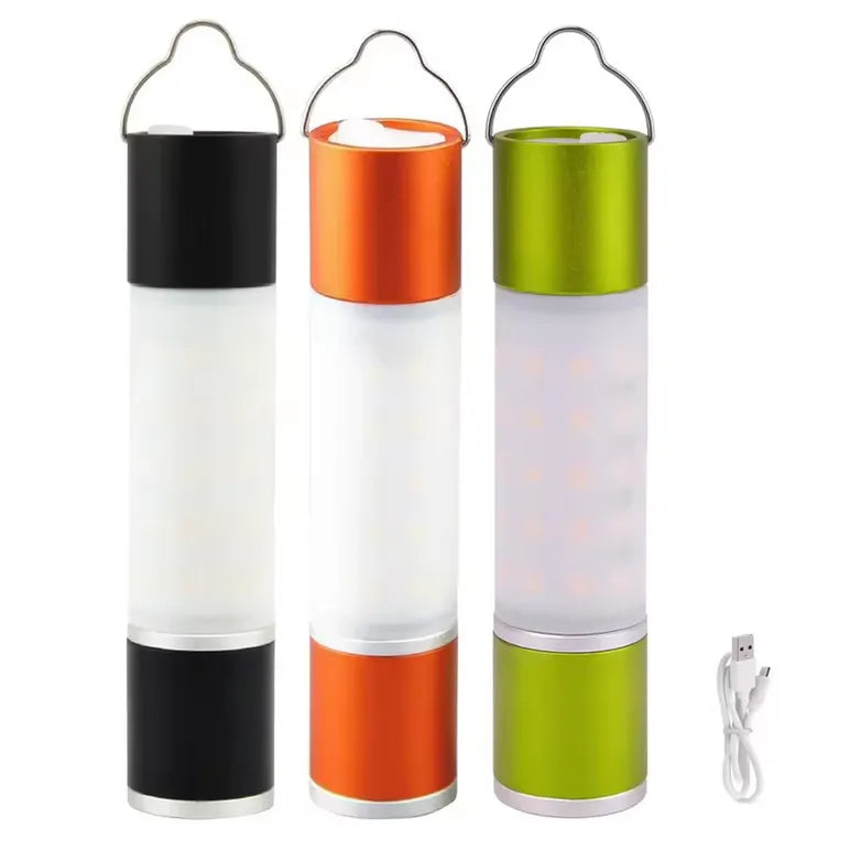  lot de trois lampes de camping led rechargeables usb en noir, orange et vert, parfaites pour bivouac ou vanlife