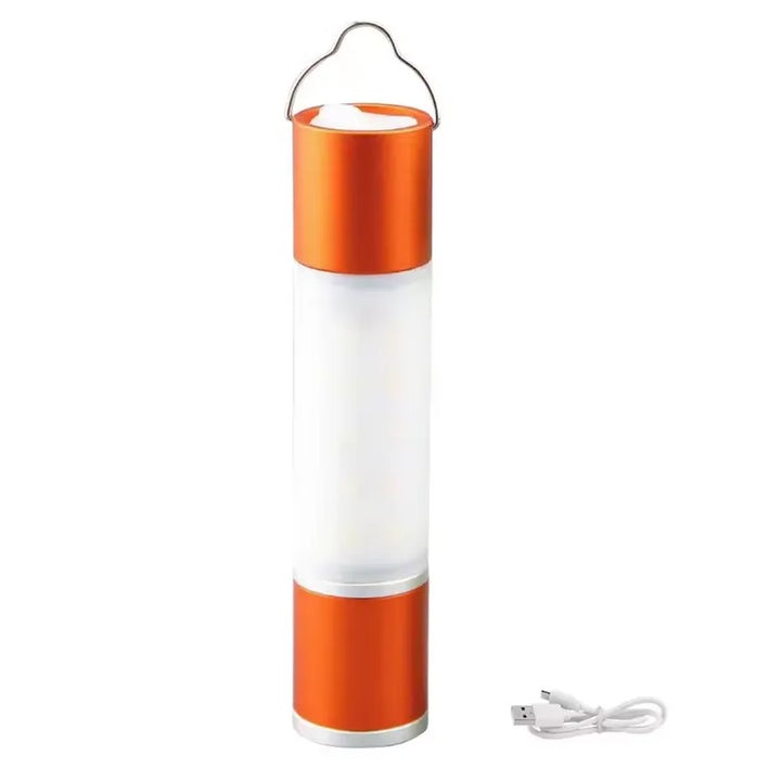 lampe de camping led rechargeable orange avec crochet et port usb, idéale pour bivouac et randonnée nocturne