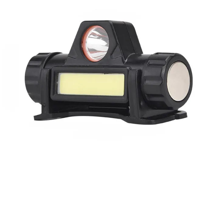 Lampe frontale noire avec support aimanté et éclairage LED COB.