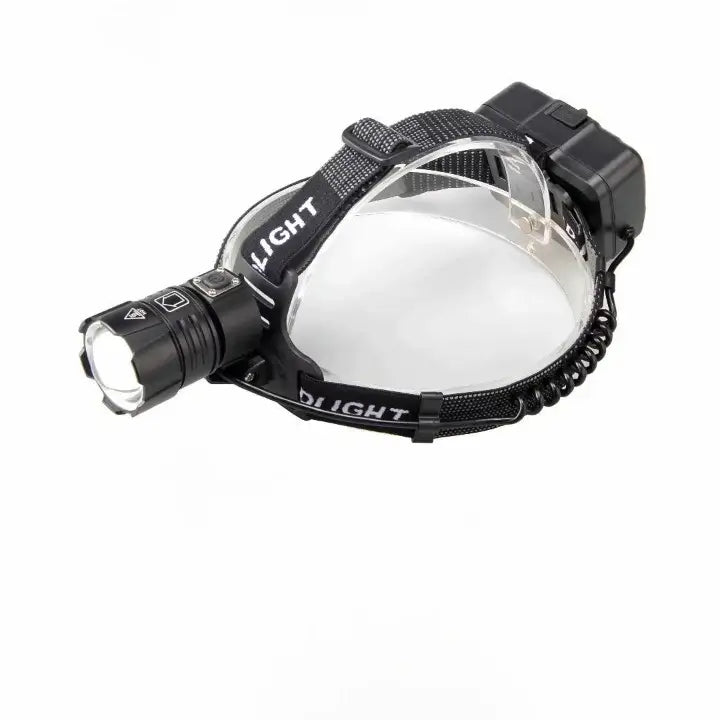 Vue latérale de la lampe frontale avec faisceau LED et bandeau noir.