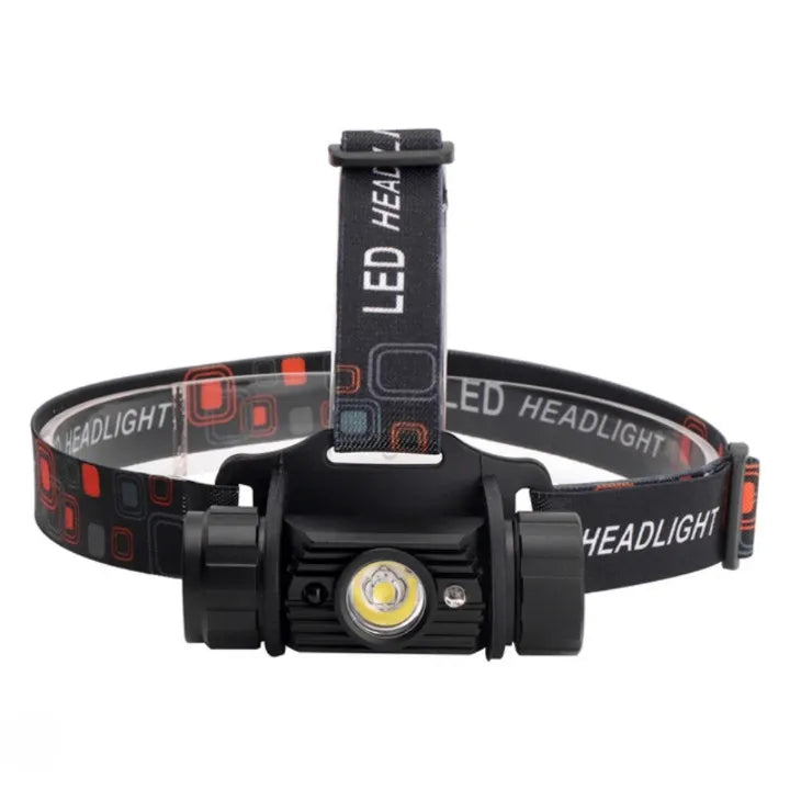 Vue de face d'une lampe frontale LED noire avec bandeau décoré de motifs carrés rouges et gris.